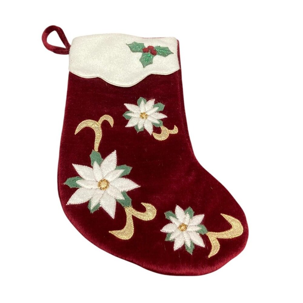 Studio 33 Plush Maroon White Poinsettia Holly Christmas Stocking